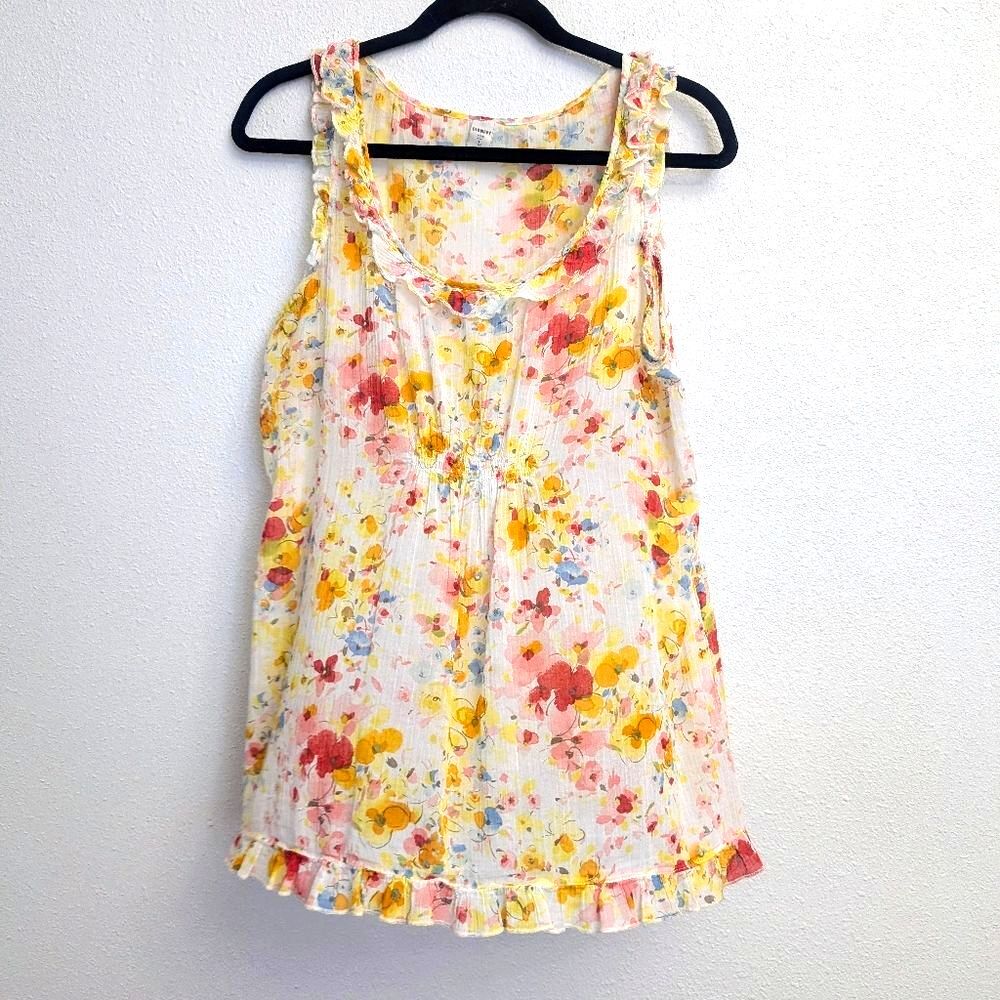 Vintage Old Navy Floral Tank Blouse | Sheer Ruffle Hem Sleeveless Top Size Large